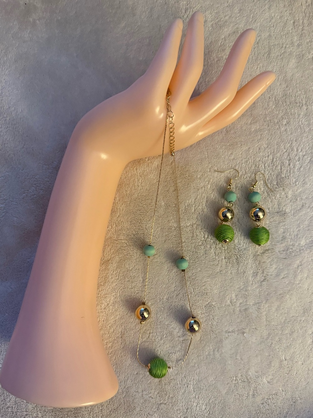 Gold-Tone Necklace and Earring Set with Mint and Green Beads